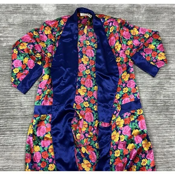 Vintage Victorias Secret Robe Large Multicolor‎ Floral Long Open Front Polyester - Picture 2 of 12
